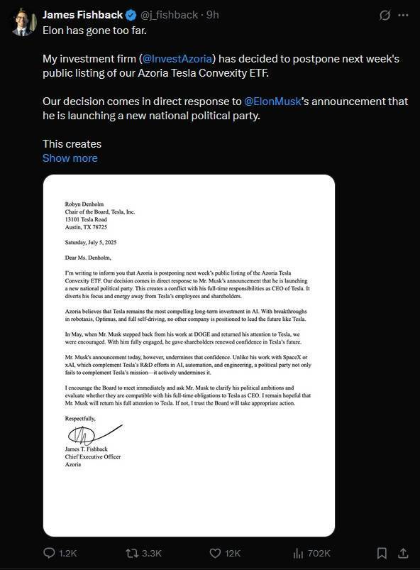 正网皇冠信用网_投资公司CEO不满马斯克建新党正网皇冠信用网,推迟特斯拉ETF上市